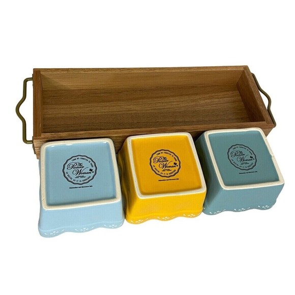 Pioneer Woman Floral Condiment Dish Set Mini Dip Square Bowls Acacia Wood Tray - Picture 8 of 16
